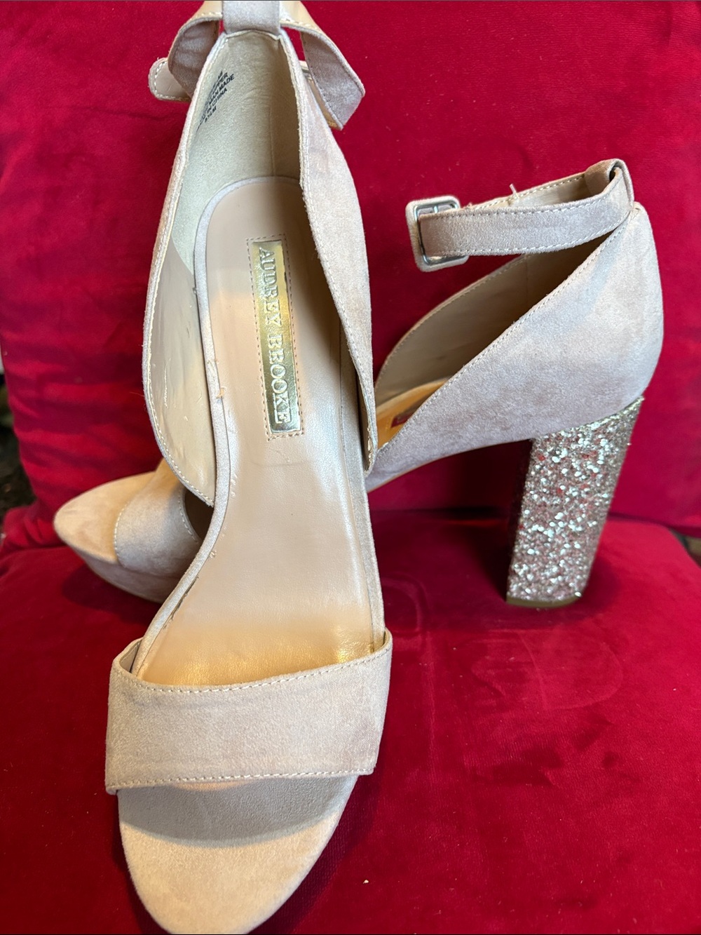 Audrey Brooke Blush Suede Ankle-Strap Heels with Glitter Block Heel